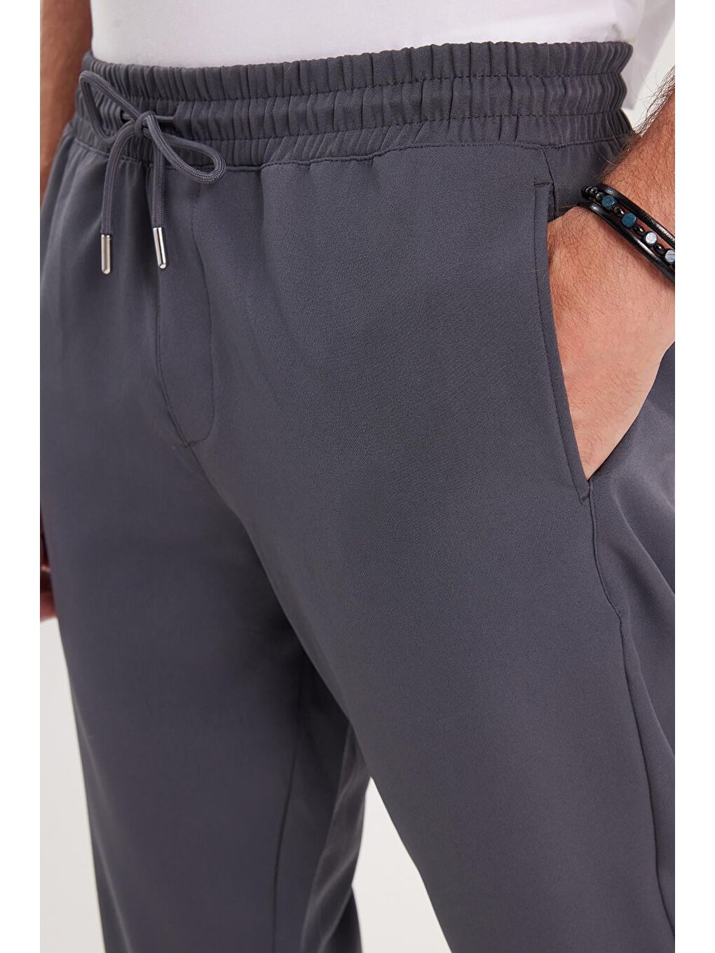 Erkek Regular Fit Beli Lastikli Bağcıklı Jogger Koyu Gri Pantolon Rahat Kesim Yan Cepli-2