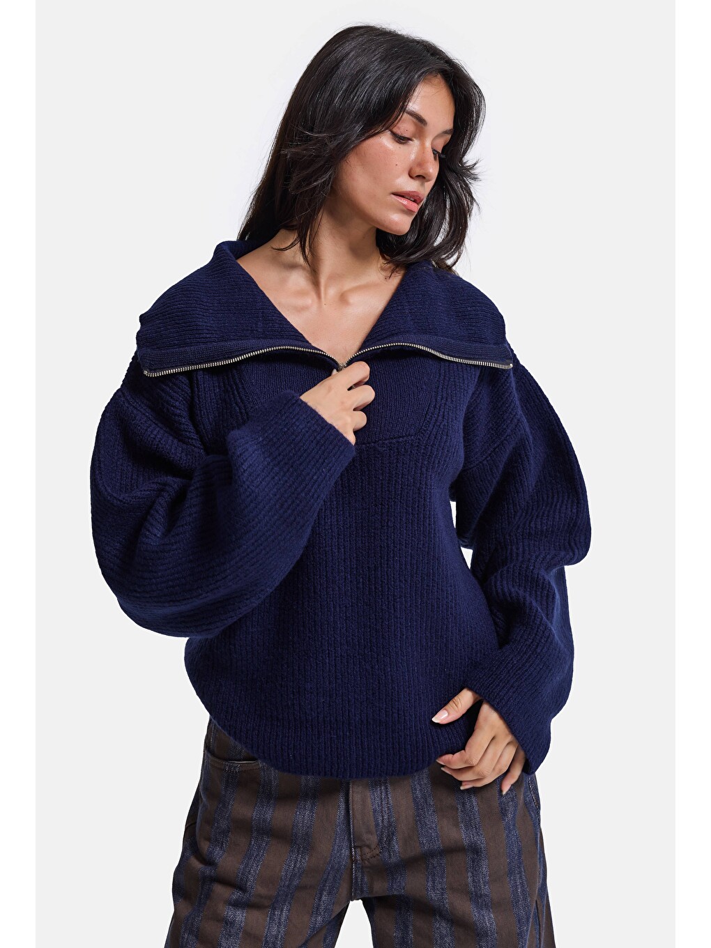 Kadın Lacivert W6-56 Oversize Fermuarlı Triko Kazak-6