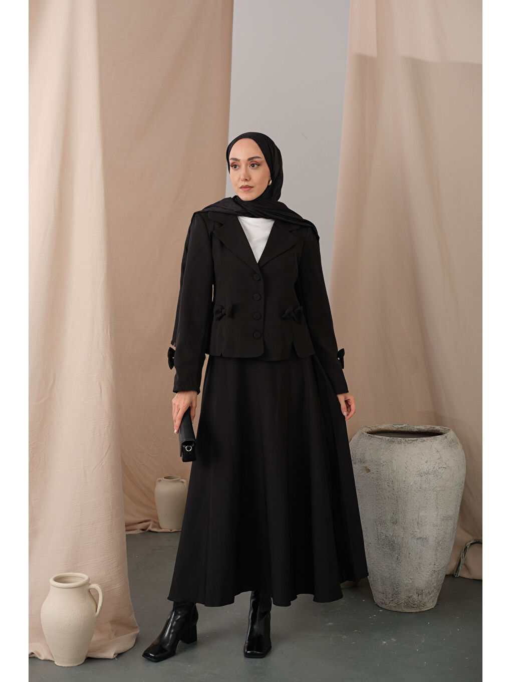 Kadın Kurdele Detaylı Takım Siyah-1