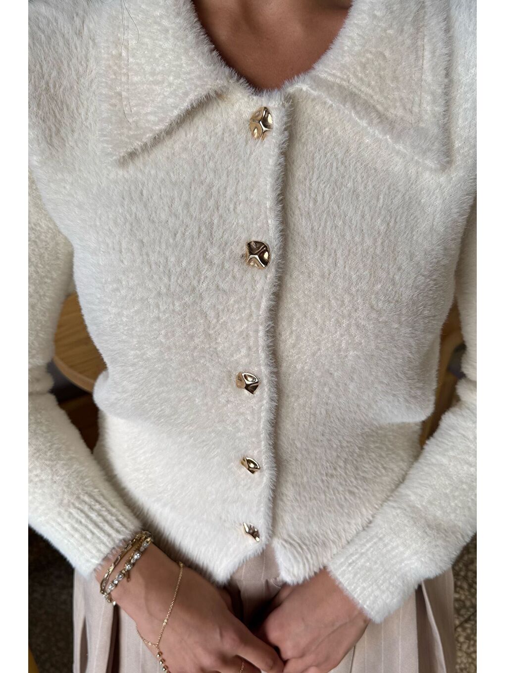 Ekru Kadın Yumoş İplik Triko Ceket (s-m-l Uyumludur)-3