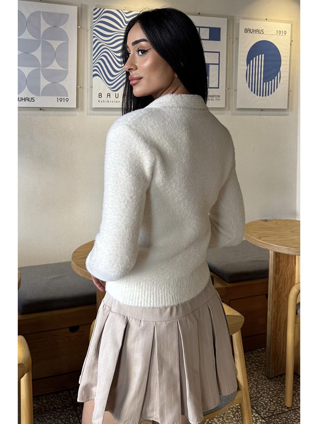 Ekru Kadın Yumoş İplik Triko Ceket (s-m-l Uyumludur)-4