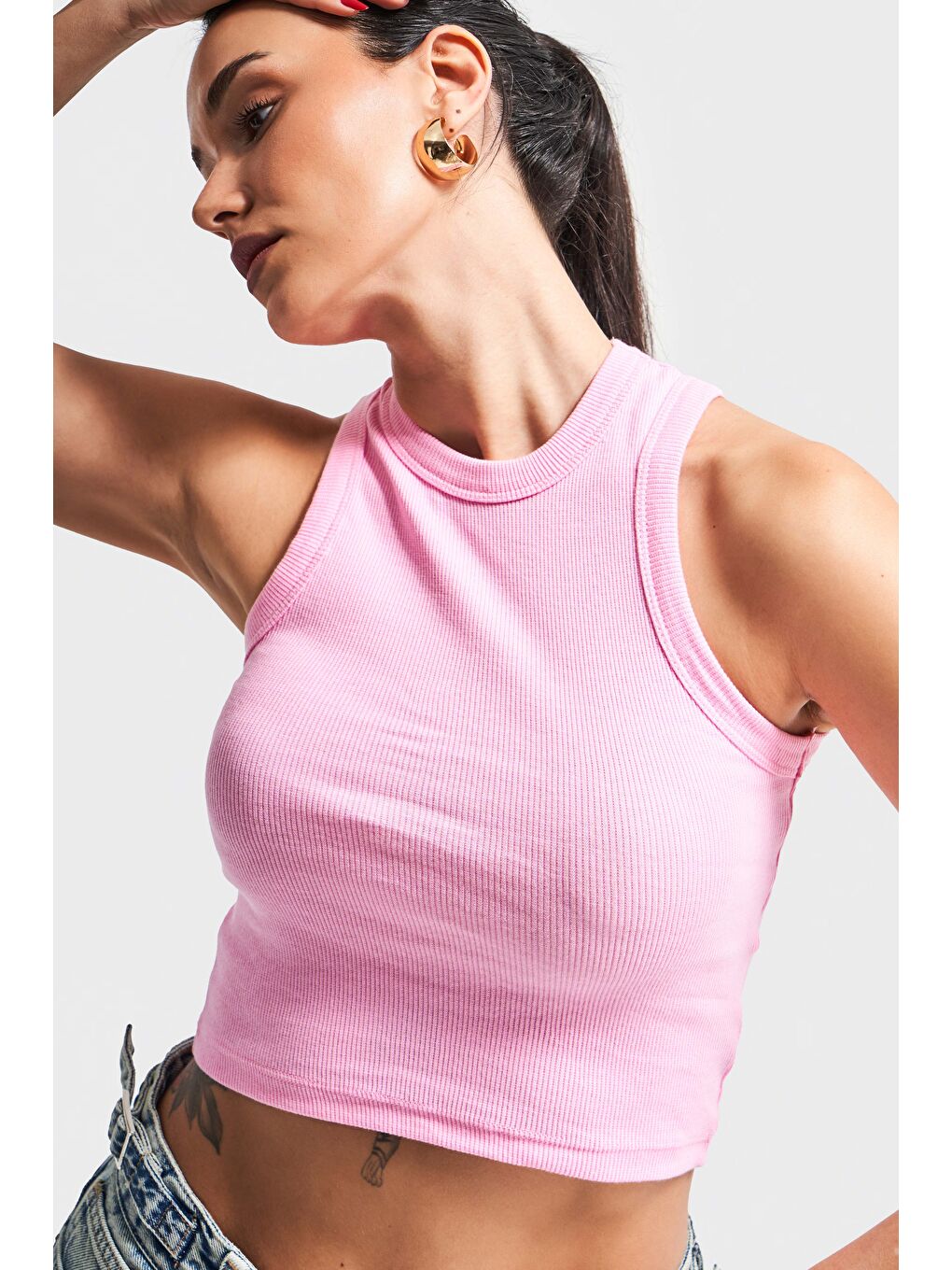 Kadın Pembe Renk s5-98 Halter Yaka Esnek Kaşkorse Kumaş Crop Top Body