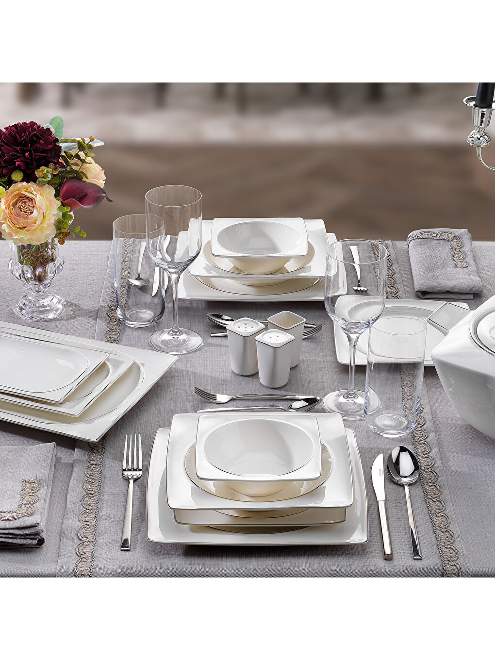 Gri Glamor Pure Yemek Takımı-60 Parça-Platin