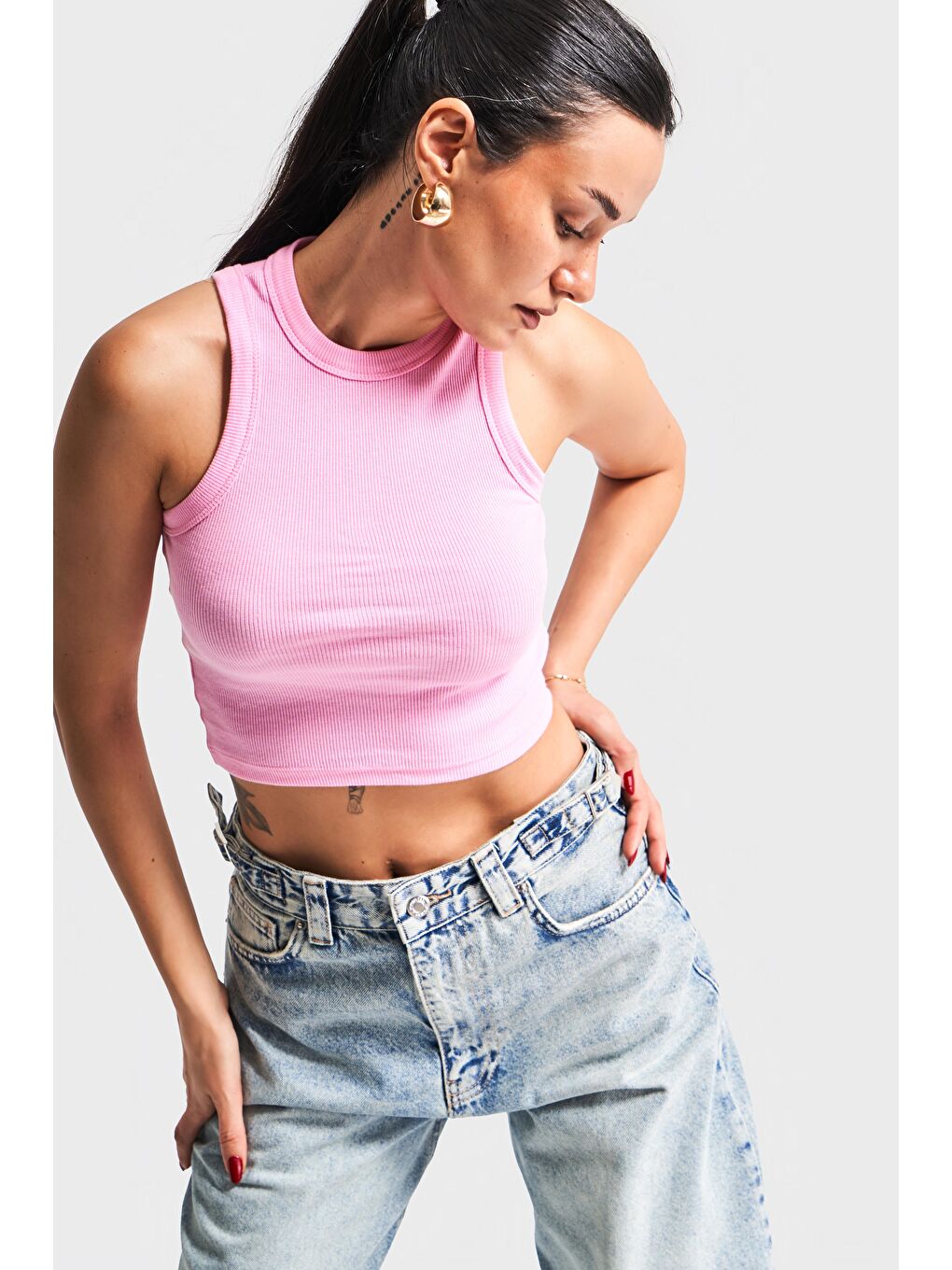 Kadın Pembe Renk s5-98 Halter Yaka Esnek Kaşkorse Kumaş Crop Top Body-1
