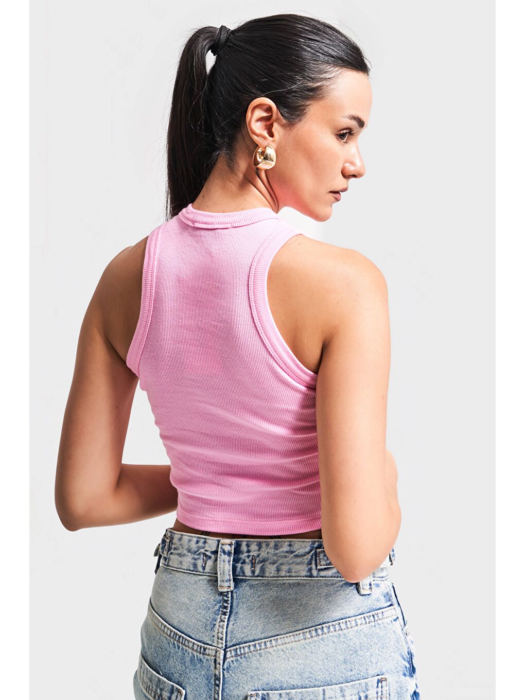 Kadın Pembe Renk s5-98 Halter Yaka Esnek Kaşkorse Kumaş Crop Top Body-2