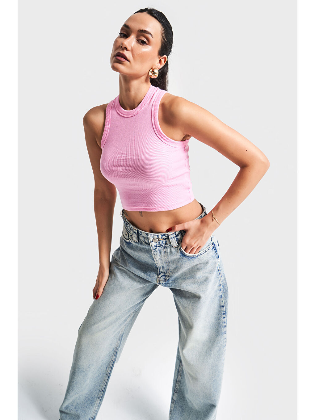 Kadın Pembe Renk s5-98 Halter Yaka Esnek Kaşkorse Kumaş Crop Top Body-3