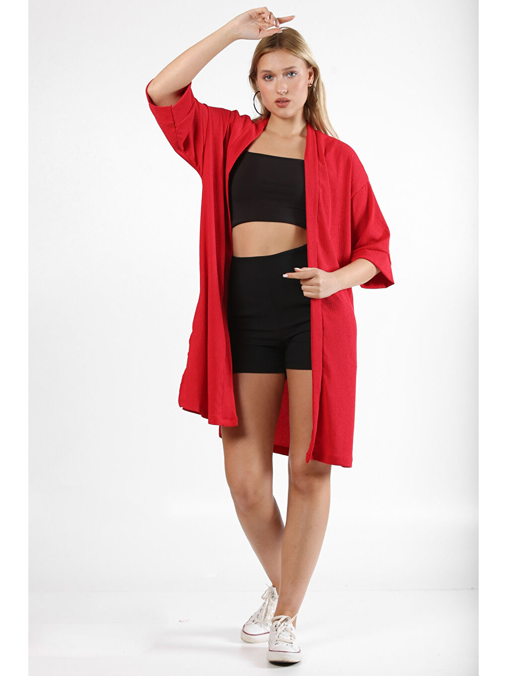 Kırmızı 3/4 Kol Dokulu Bürümcük Dokuma Ceket