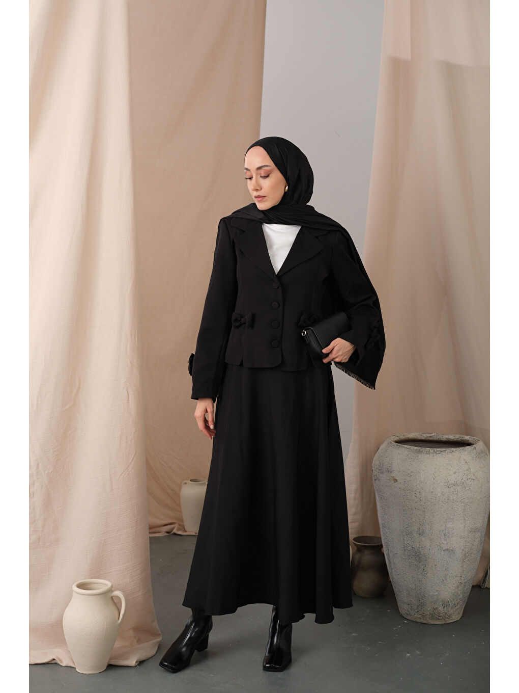 Kadın Kurdele Detaylı Takım Siyah-3