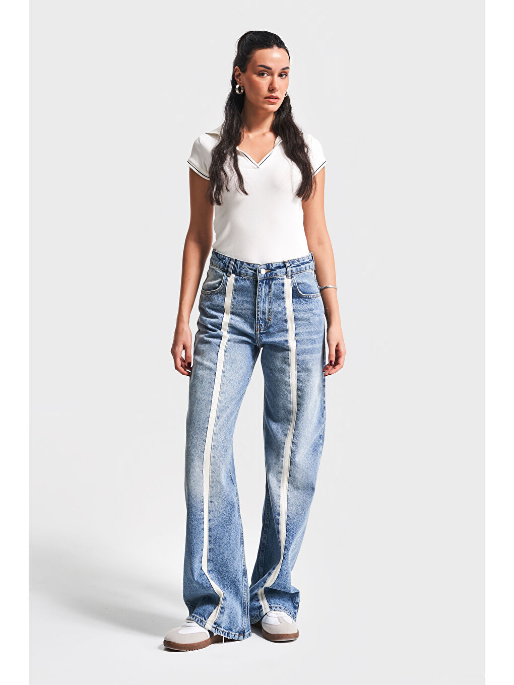 Mavi Kadın Jean Rengi 4S5-32 Wide Leg Önden Şeritli %100 Pamuk Tasarım Denim Jean-1