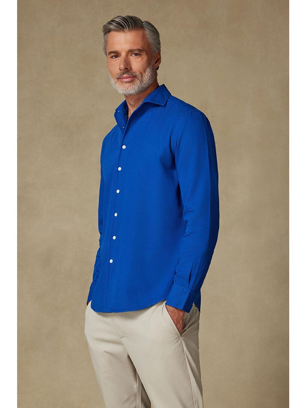 Antonio Armür Pamuklu Comfort Fit Lacivert Mostra Yaka Erkek Düz %100 Pamuk Gömlek