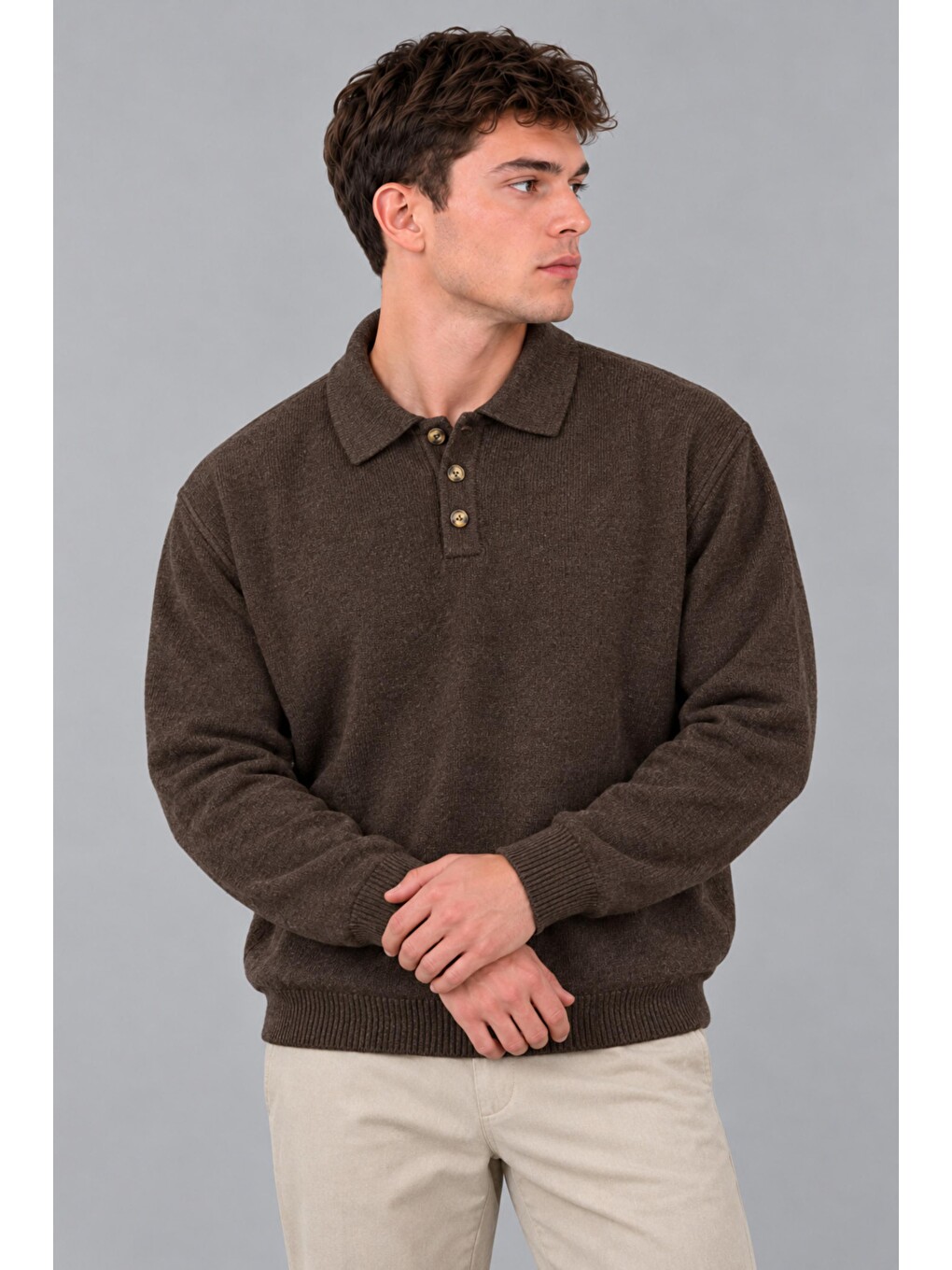 Kahverengi Oversize Düğmeli Yaka Örgü Kazak Dp 17501_10063-2