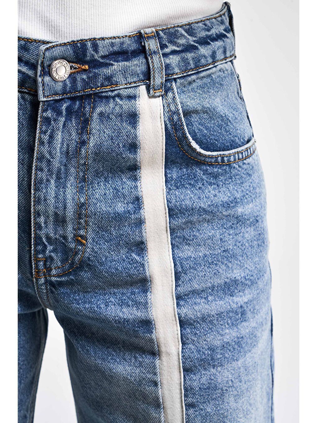 Mavi Kadın Jean Rengi 4S5-32 Wide Leg Önden Şeritli %100 Pamuk Tasarım Denim Jean-2