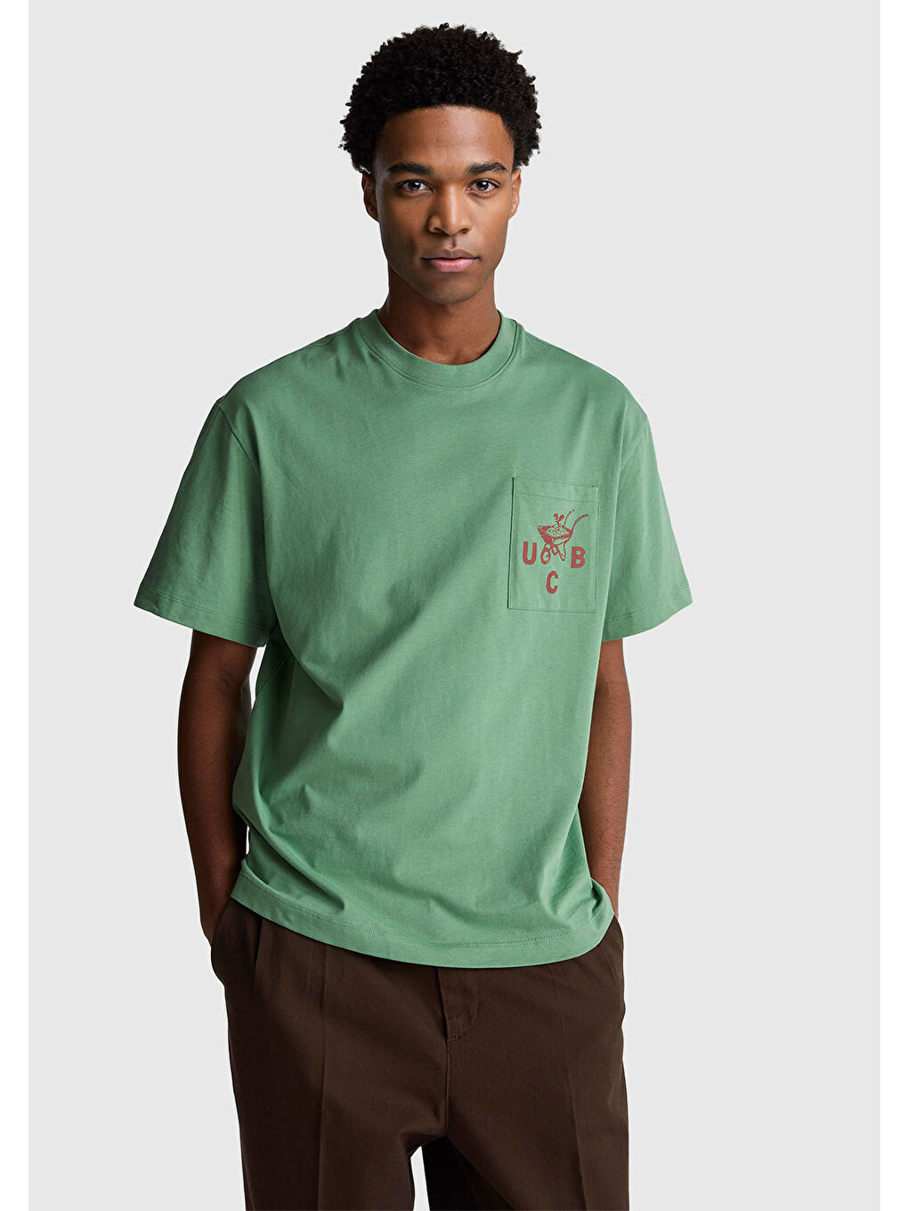 Erkek Haki Yeşilli %100 Pamuk Önü İşleme Detaylı Oversize Bisiklet Yaka T-Shirt