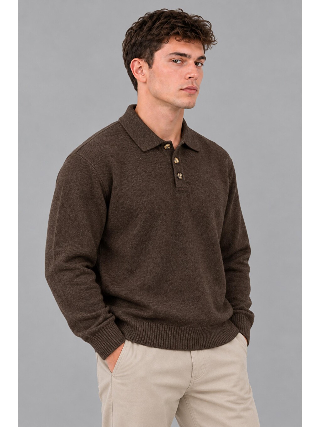 Kahverengi Oversize Düğmeli Yaka Örgü Kazak Dp 17501_10063-3