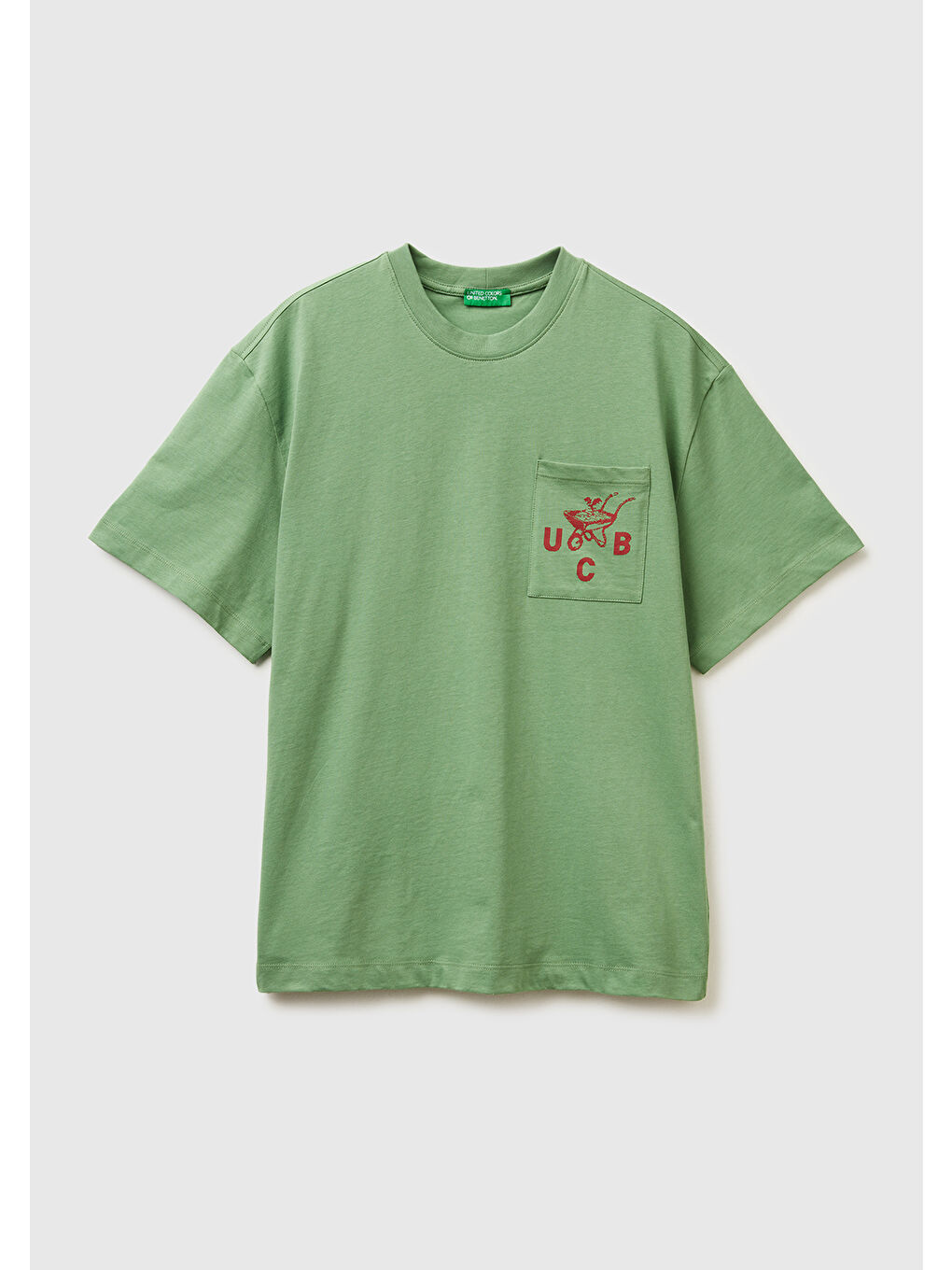 Erkek Haki Yeşilli %100 Pamuk Önü İşleme Detaylı Oversize Bisiklet Yaka T-Shirt-1