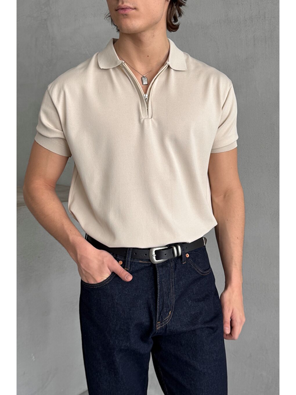 Bej Erkek Oversize Fermuarlı Polo Yaka Triko T-Shirt