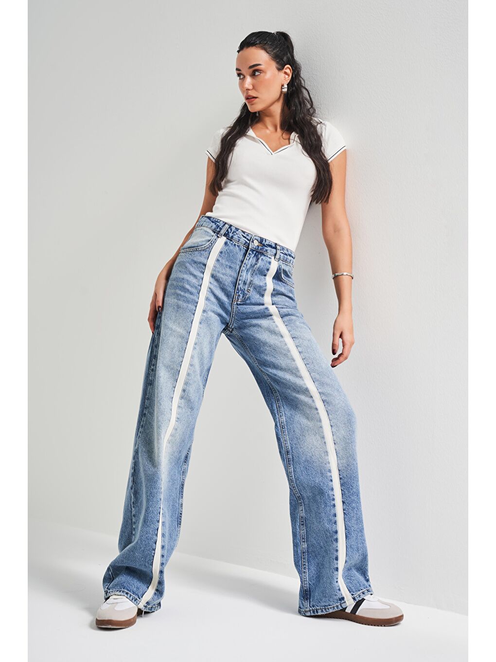 Mavi Kadın Jean Rengi 4S5-32 Wide Leg Önden Şeritli %100 Pamuk Tasarım Denim Jean-4