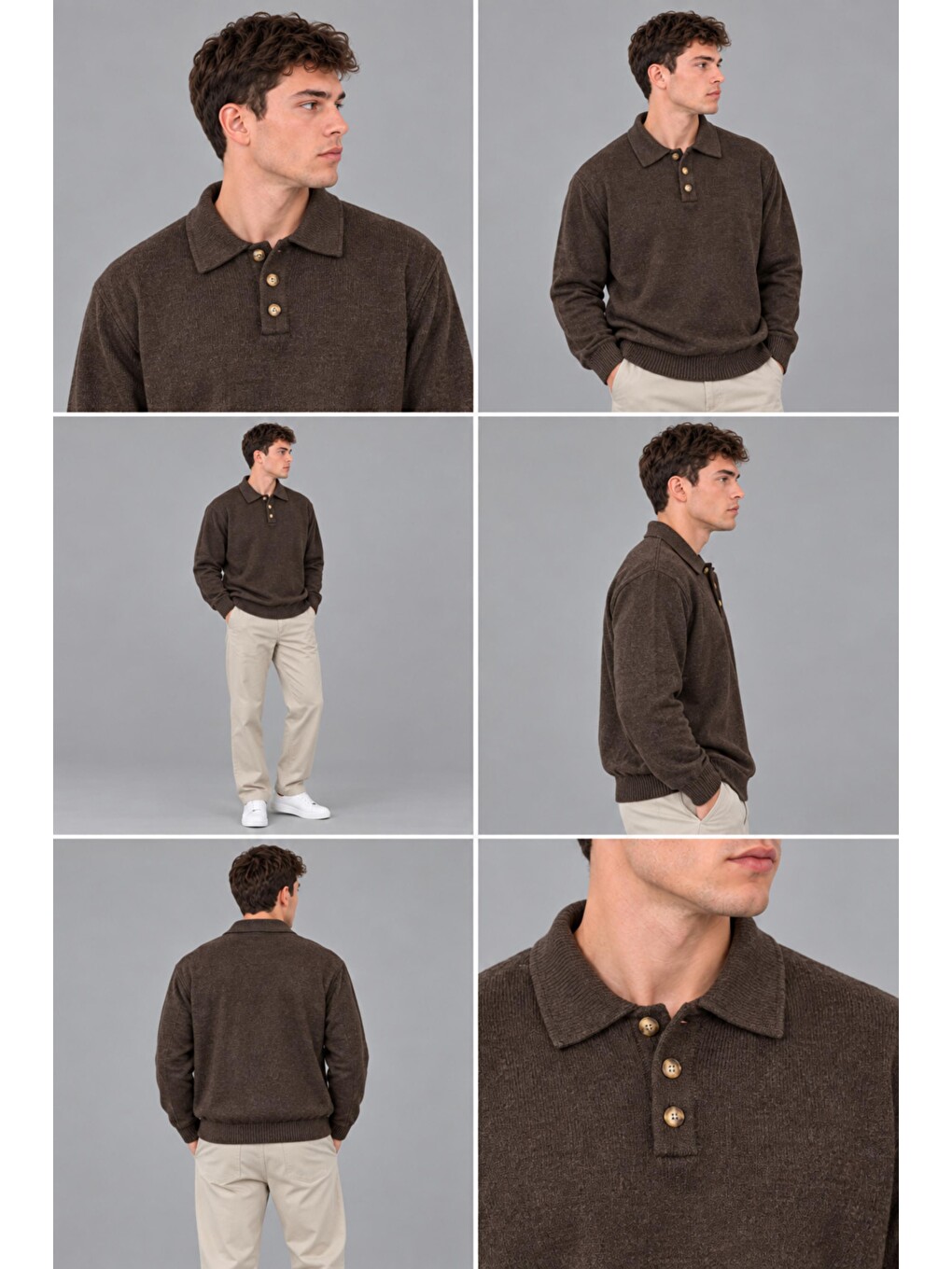 Kahverengi Oversize Düğmeli Yaka Örgü Kazak Dp 17501_10063-5