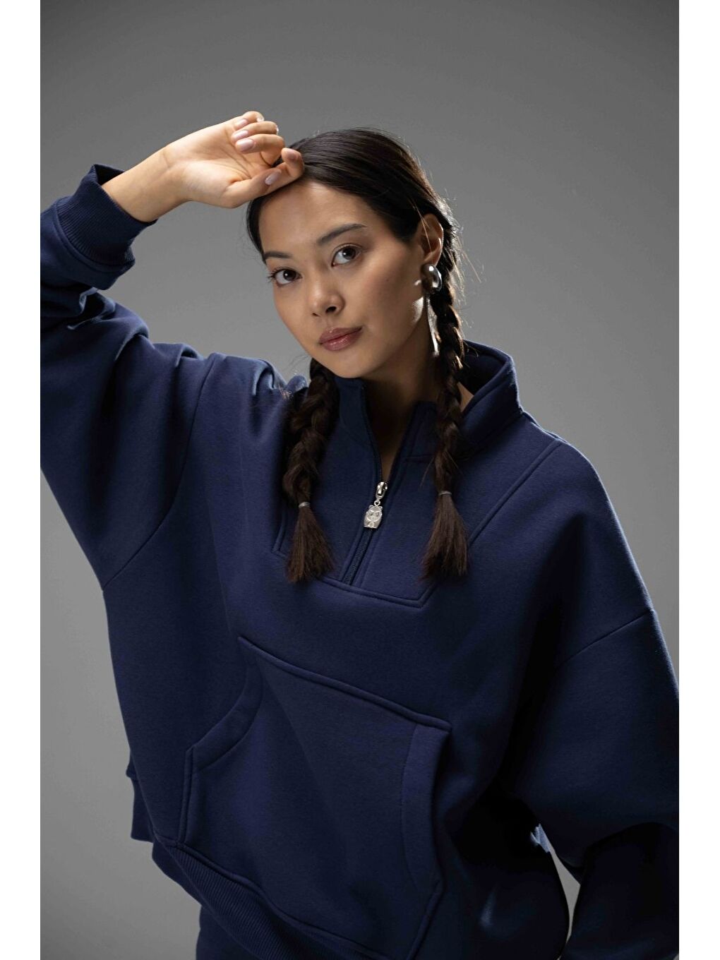 Kadın Lacivert Fermuarlı Oversize Sweatshirt