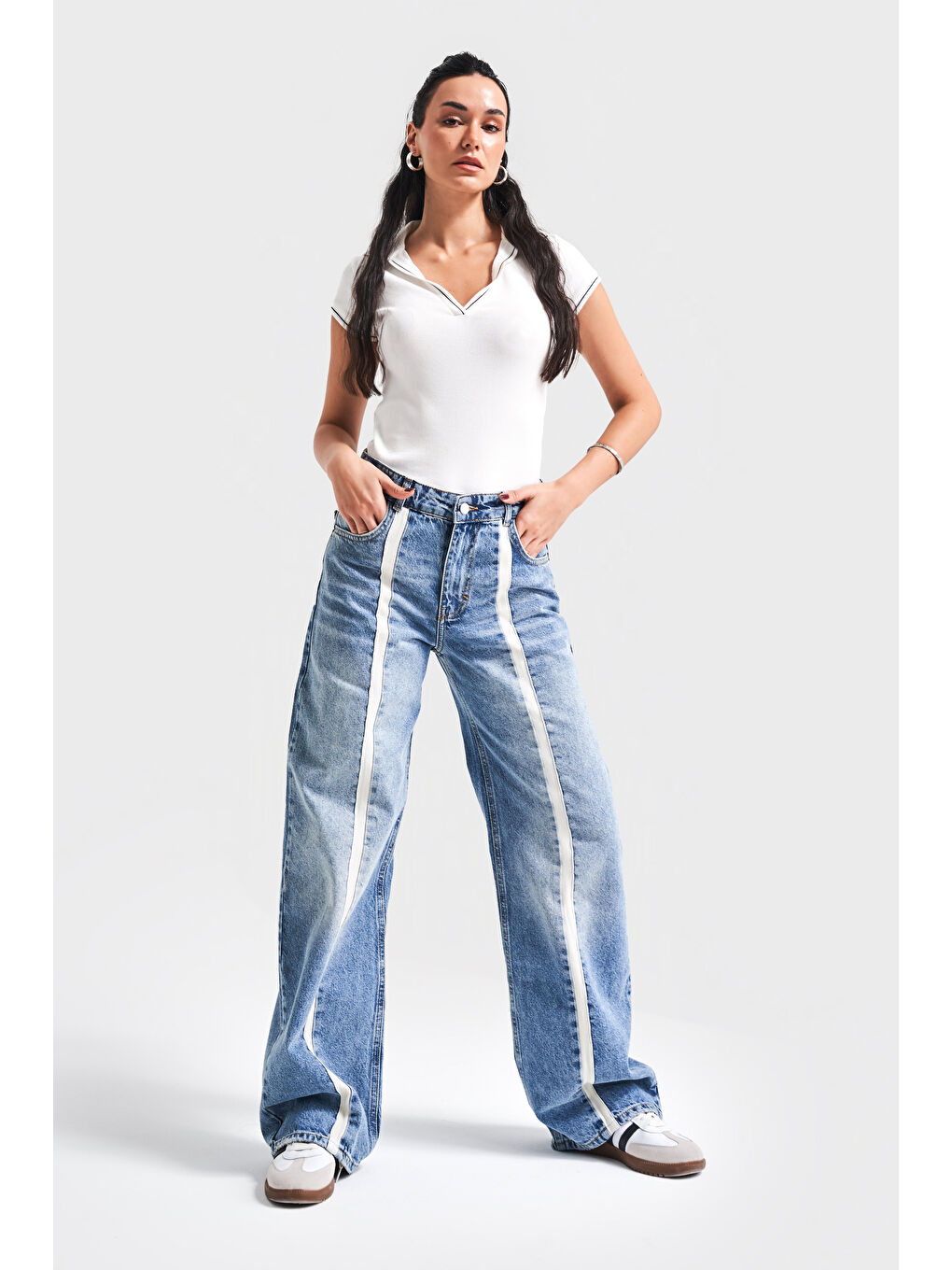 Mavi Kadın Jean Rengi 4S5-32 Wide Leg Önden Şeritli %100 Pamuk Tasarım Denim Jean-5