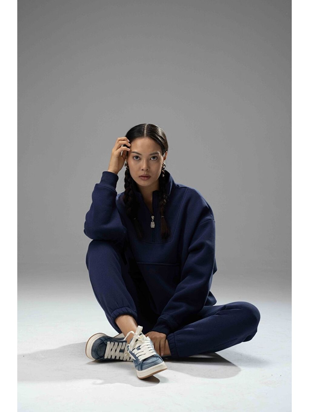 Kadın Lacivert Fermuarlı Oversize Sweatshirt-1