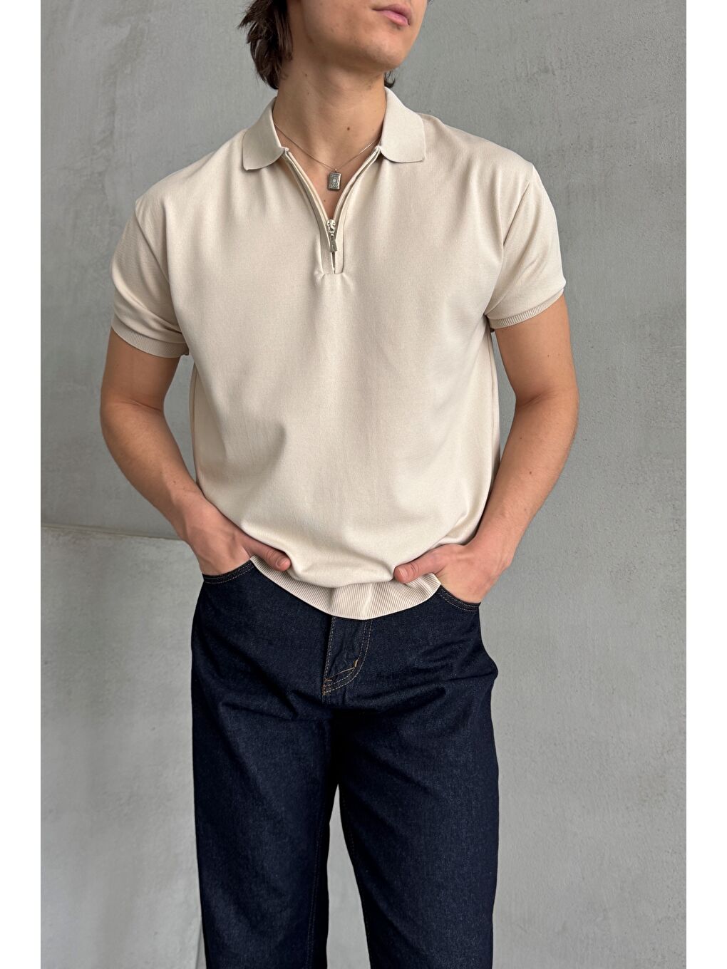 Bej Erkek Oversize Fermuarlı Polo Yaka Triko T-Shirt-1