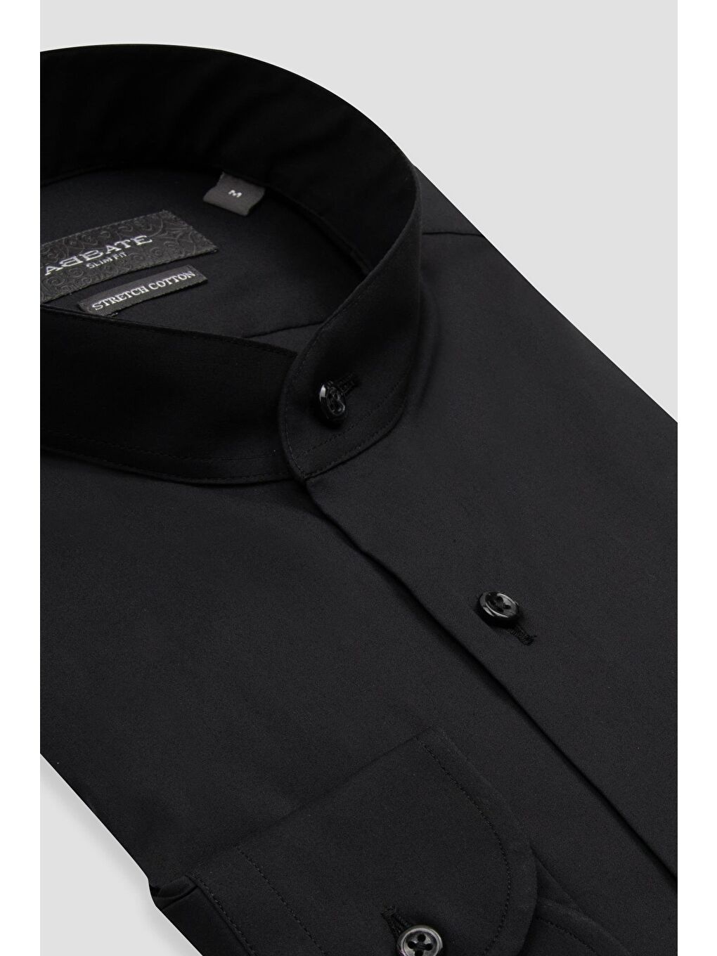 Mao Poplin Stretch Pamuk Karışımlı Slim Fit Siyah Hakim Yaka Erkek Düz Gömlek-1