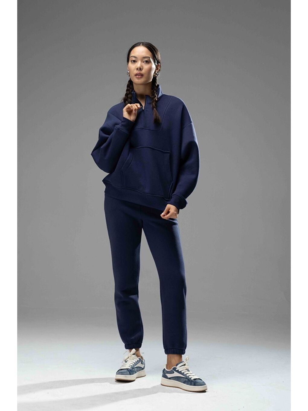 Kadın Lacivert Fermuarlı Oversize Sweatshirt-2