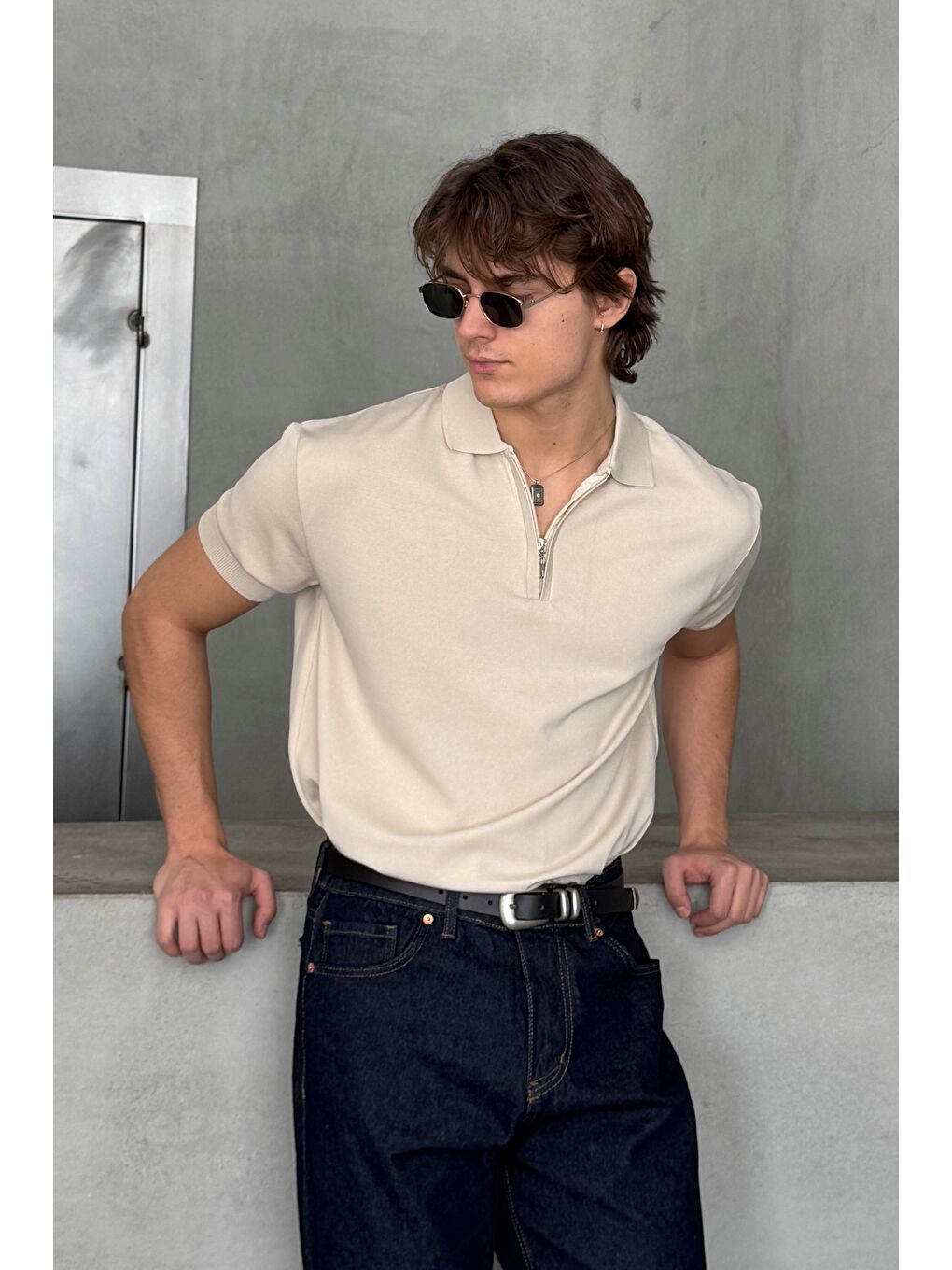 Bej Erkek Oversize Fermuarlı Polo Yaka Triko T-Shirt-2