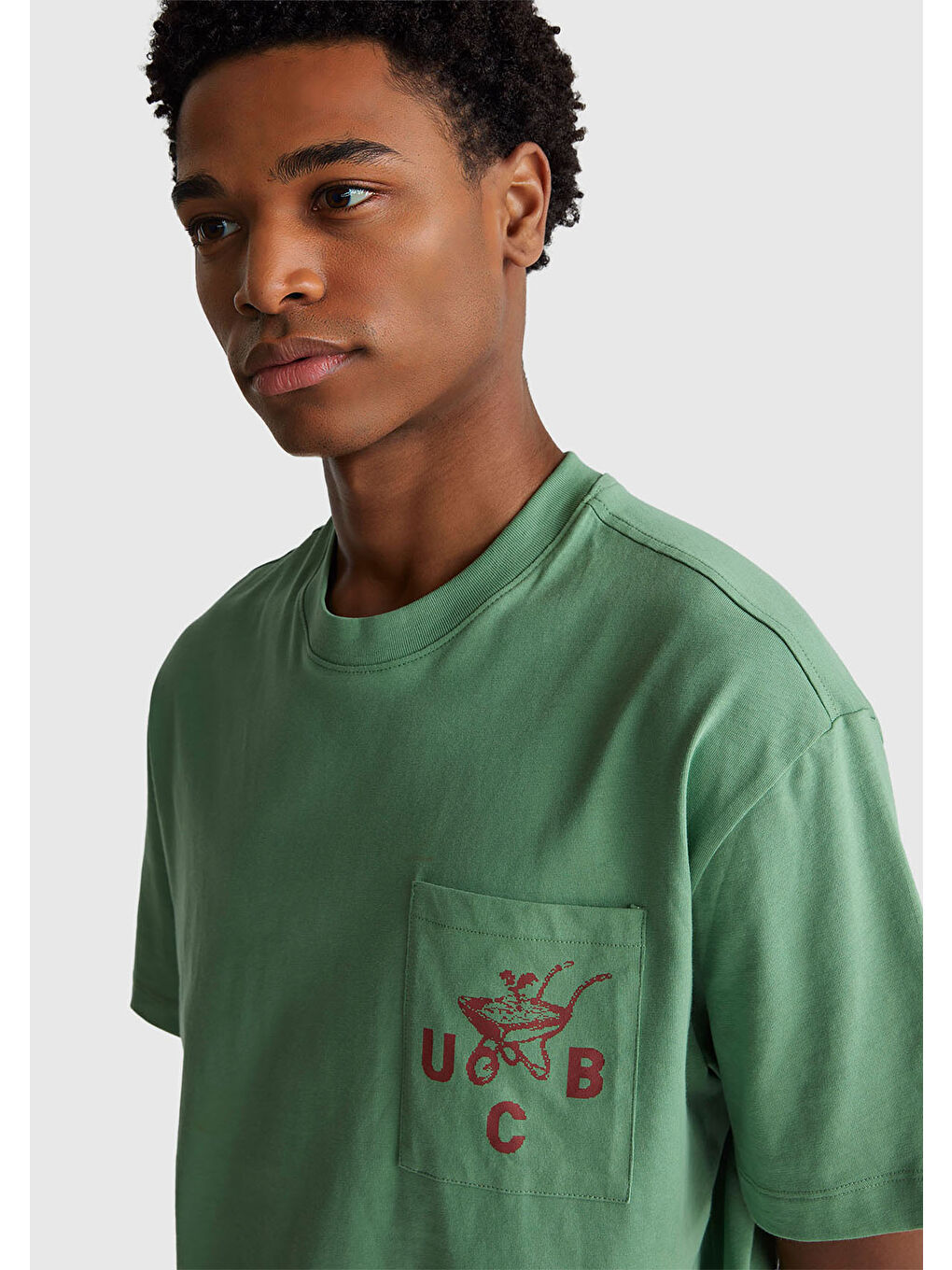 Erkek Haki Yeşilli %100 Pamuk Önü İşleme Detaylı Oversize Bisiklet Yaka T-Shirt-5