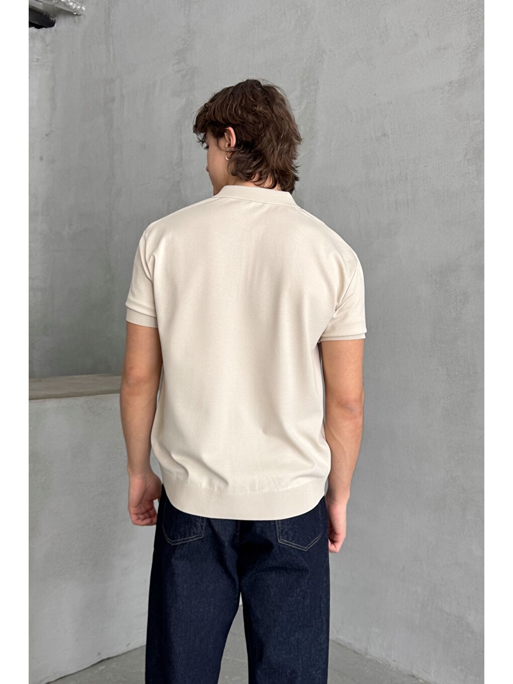 Bej Erkek Oversize Fermuarlı Polo Yaka Triko T-Shirt-4