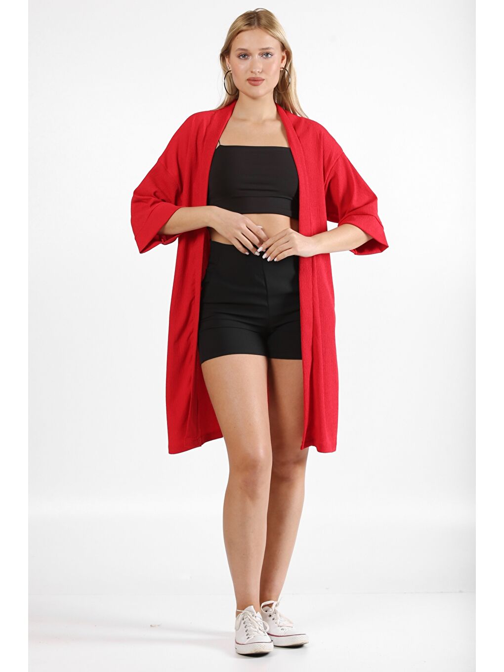 Kırmızı 3/4 Kol Dokulu Bürümcük Dokuma Ceket-2