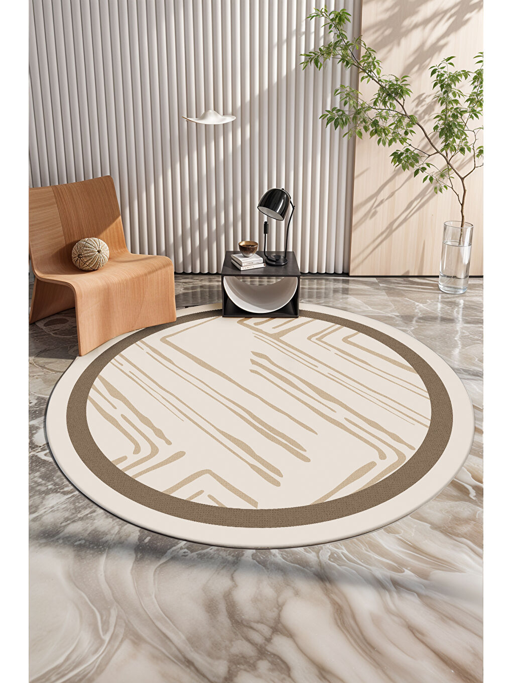 Bej Dekoratif Salon Halısı, Makinada Yıkanabilir, Kaymaz Taban, İnce & Modern Tasarım-3