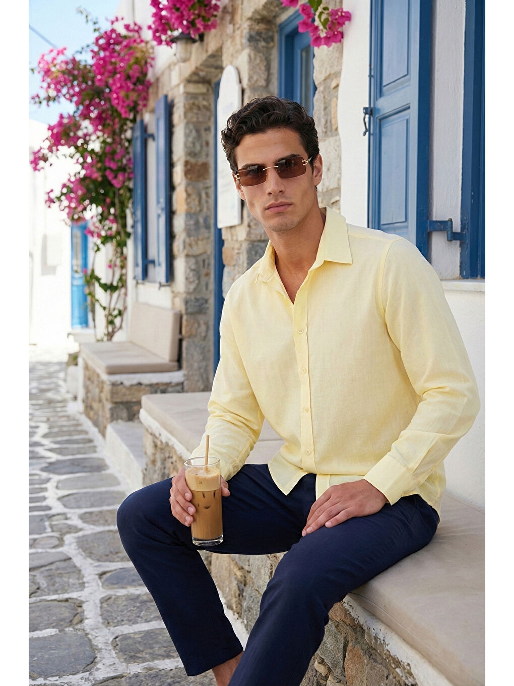 Sarı Pamuk ve Keten Karışımlı Regular Fit Klasik Yaka Uzun Kollu Gömlek CF26S1210134