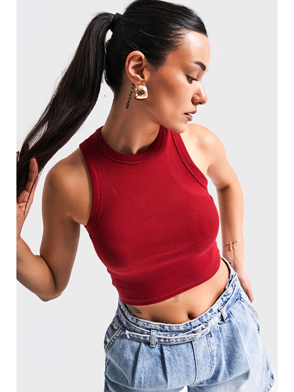 Kadın Kırmızı Renk s5-35 Halter Yaka Esnek Kaşkorse Kumaş Crop Top Body