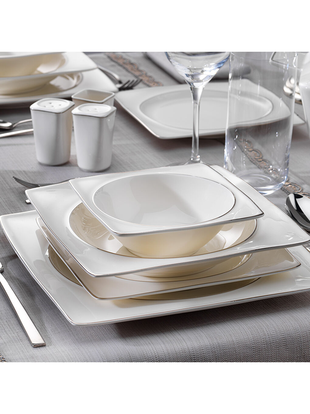 Gri Glamor Pure Yemek Takımı-60 Parça-Platin-2