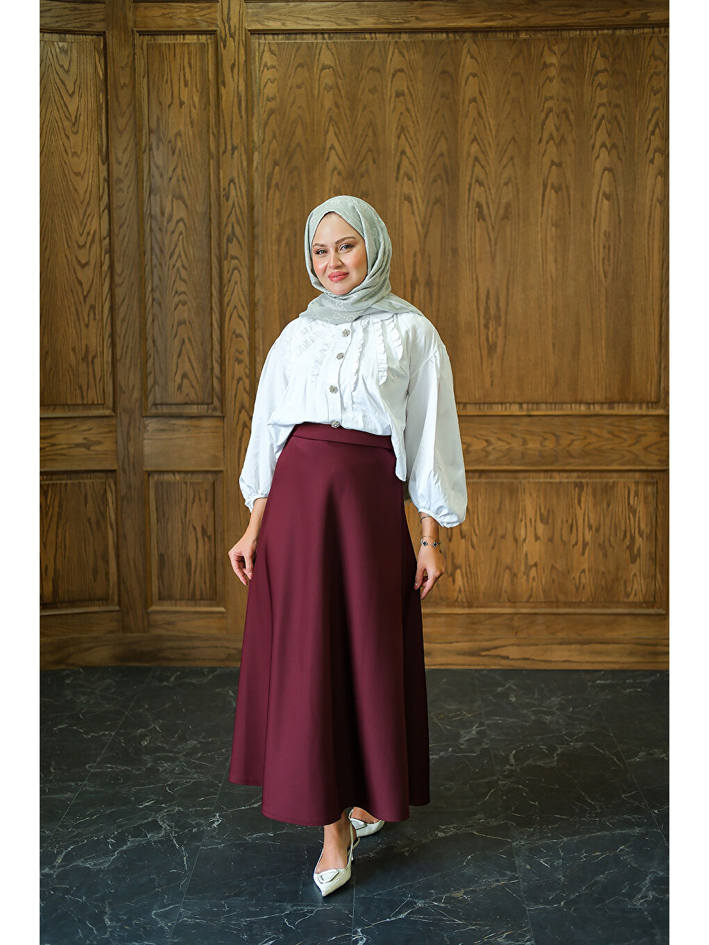 Kadın Beli Lastikli Scuba Etek Bordo-1