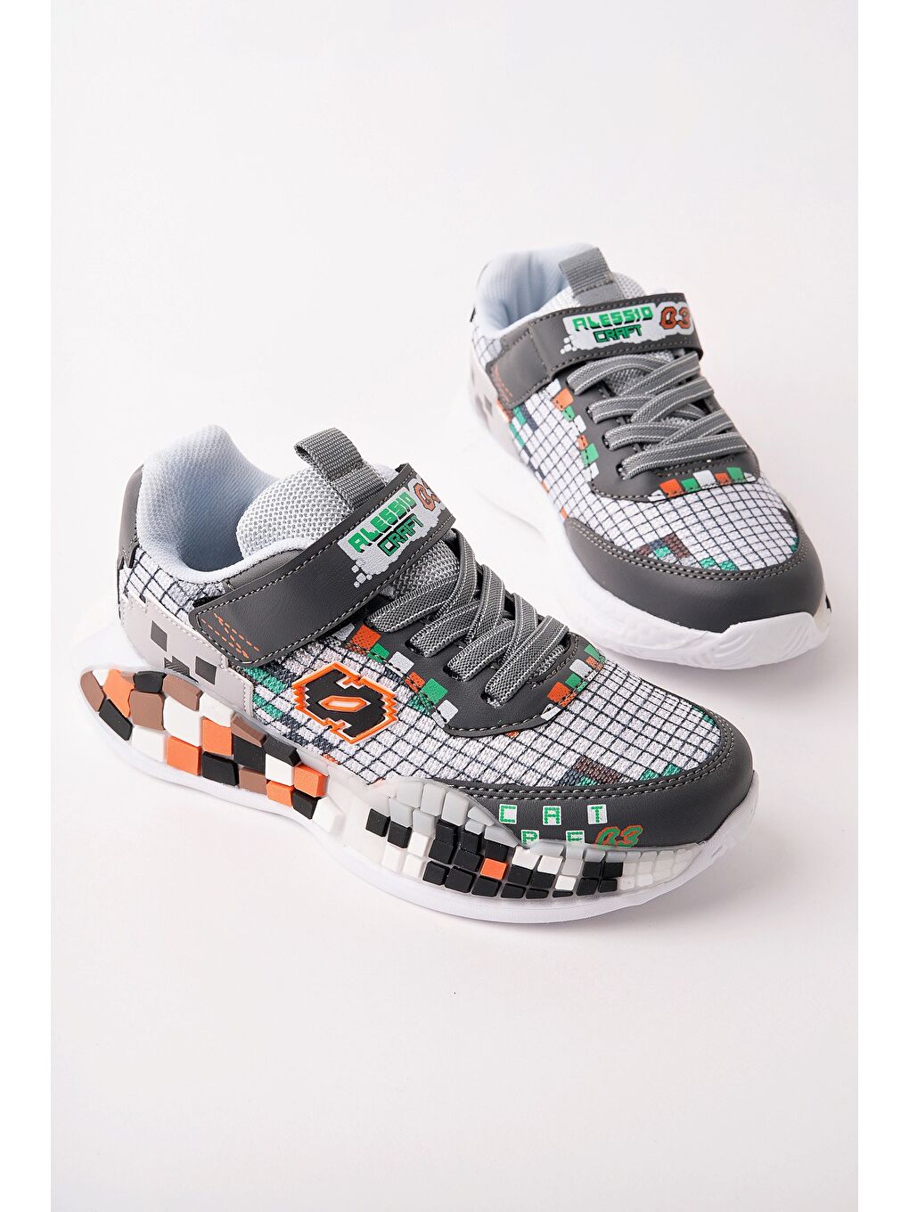 Gri BLOCK Renkli Blok Tabanlı Cırtlı ve Bağcıklı Çocuk Sneaker Spor Ayakkabı-1