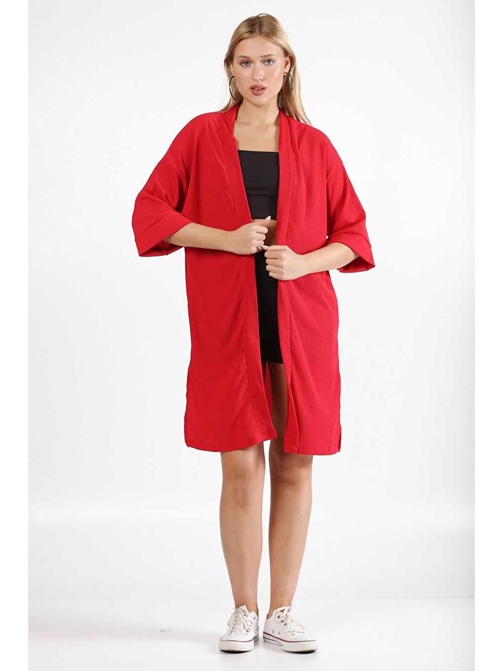 Kırmızı 3/4 Kol Dokulu Bürümcük Dokuma Ceket-4