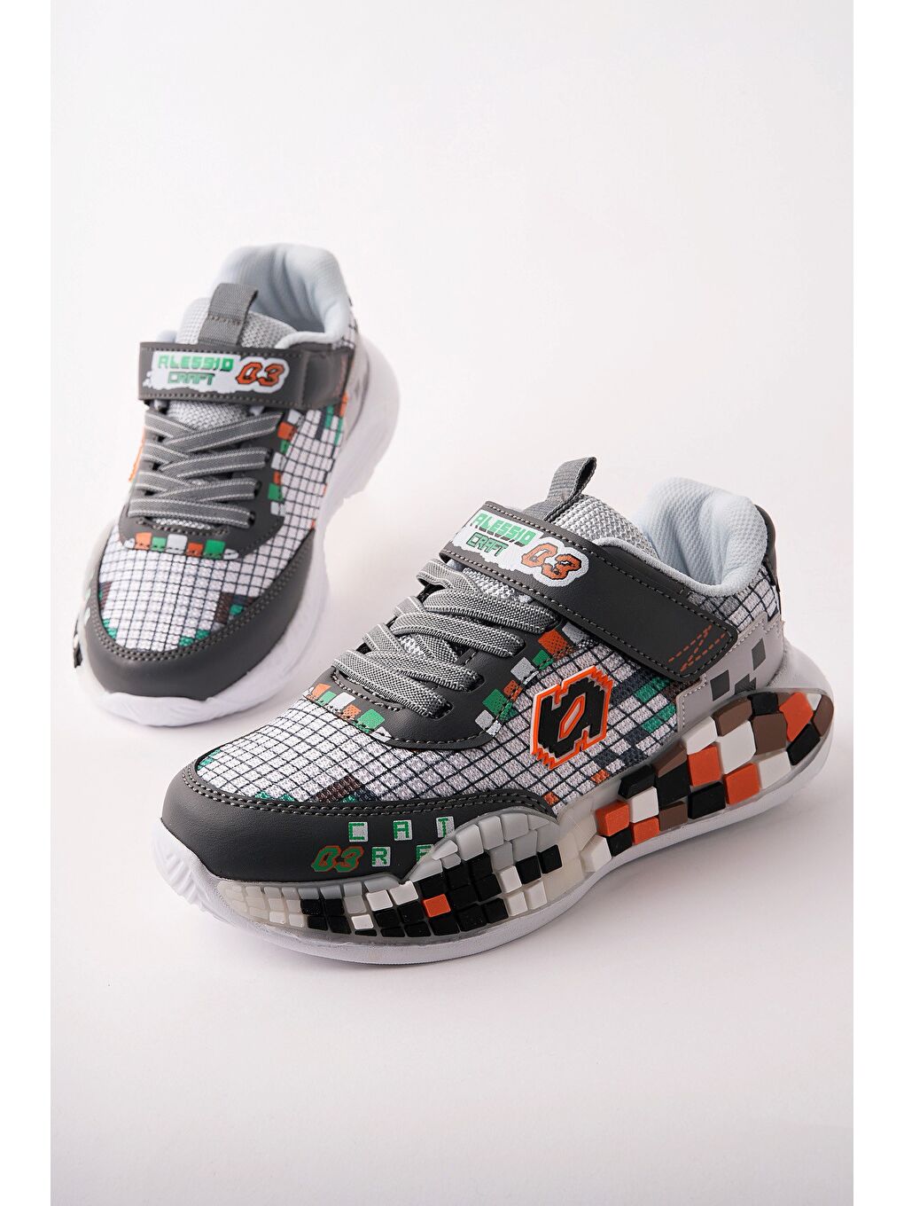 Gri BLOCK Renkli Blok Tabanlı Cırtlı ve Bağcıklı Çocuk Sneaker Spor Ayakkabı-2