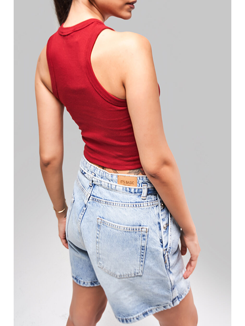 Kadın Kırmızı Renk s5-35 Halter Yaka Esnek Kaşkorse Kumaş Crop Top Body-4