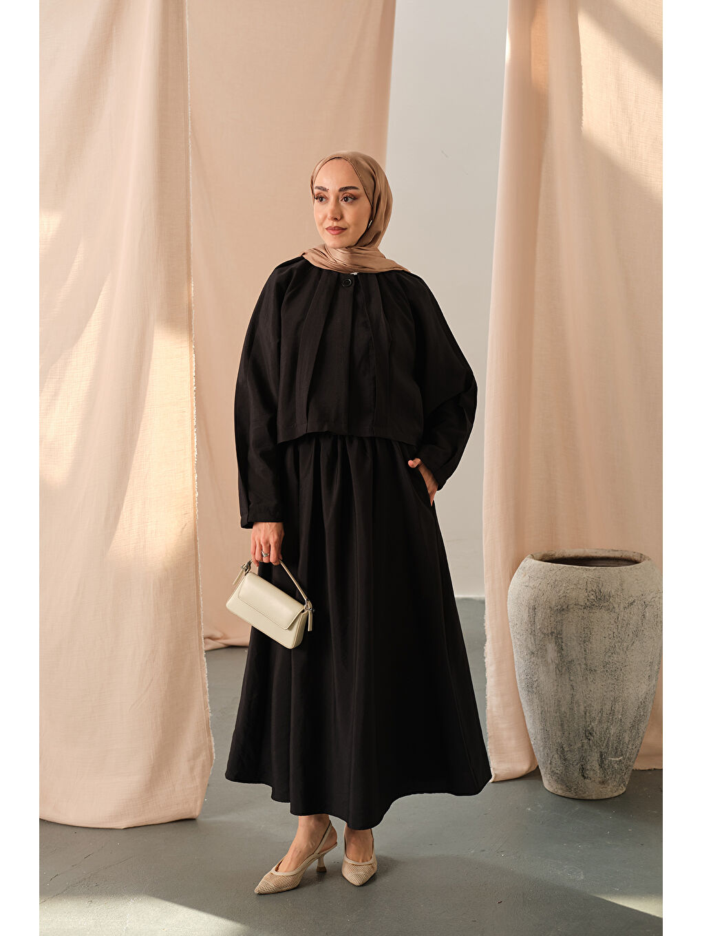 Kadın Düğme Detaylı Cupra Elbise Siyah-1