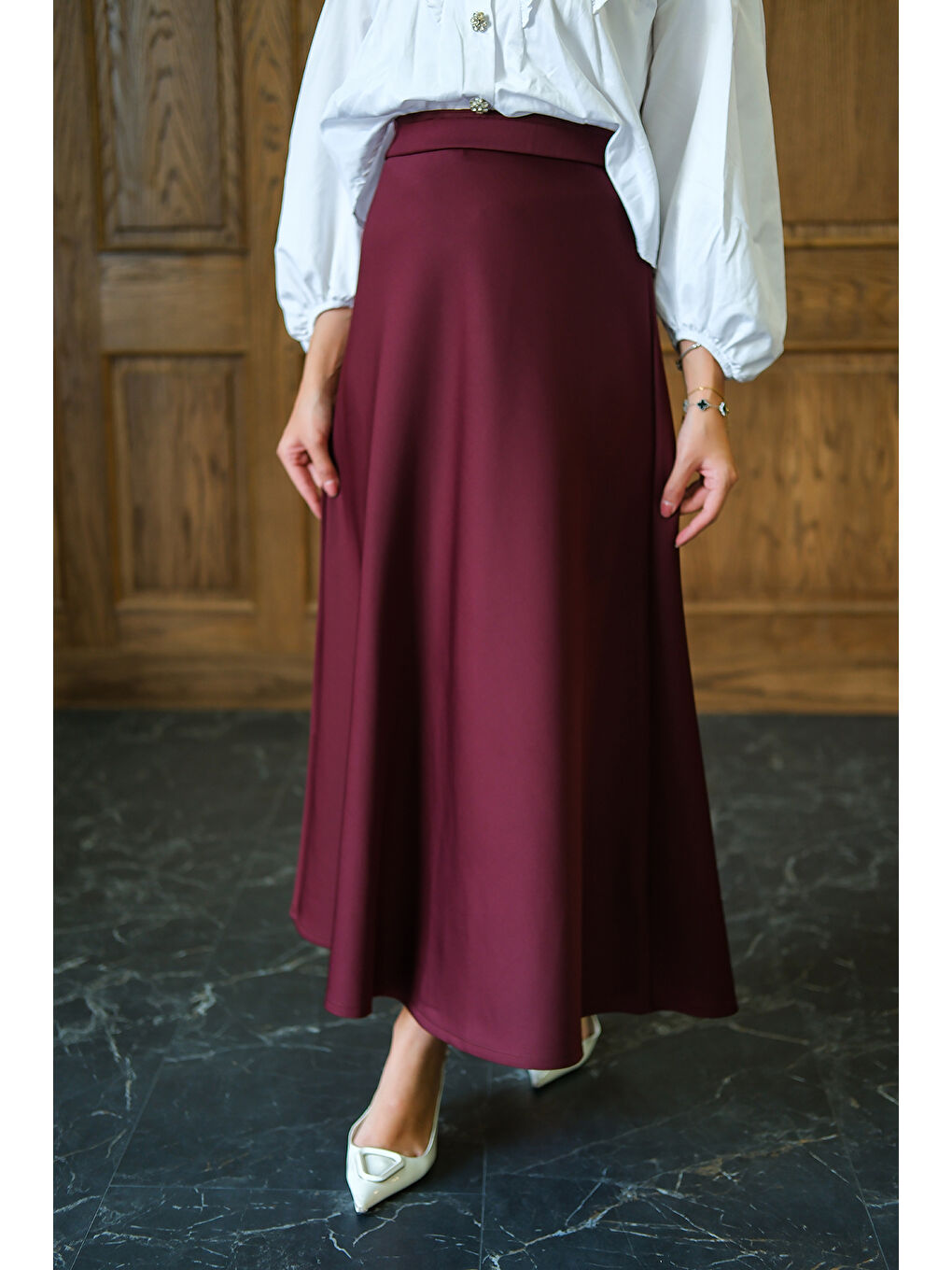 Kadın Beli Lastikli Scuba Etek Bordo-2