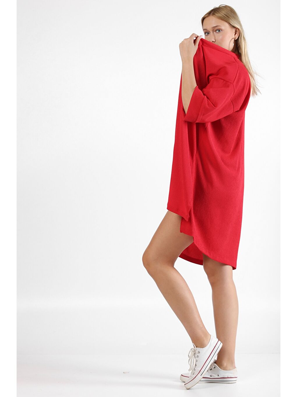 Kırmızı 3/4 Kol Dokulu Bürümcük Dokuma Ceket-5