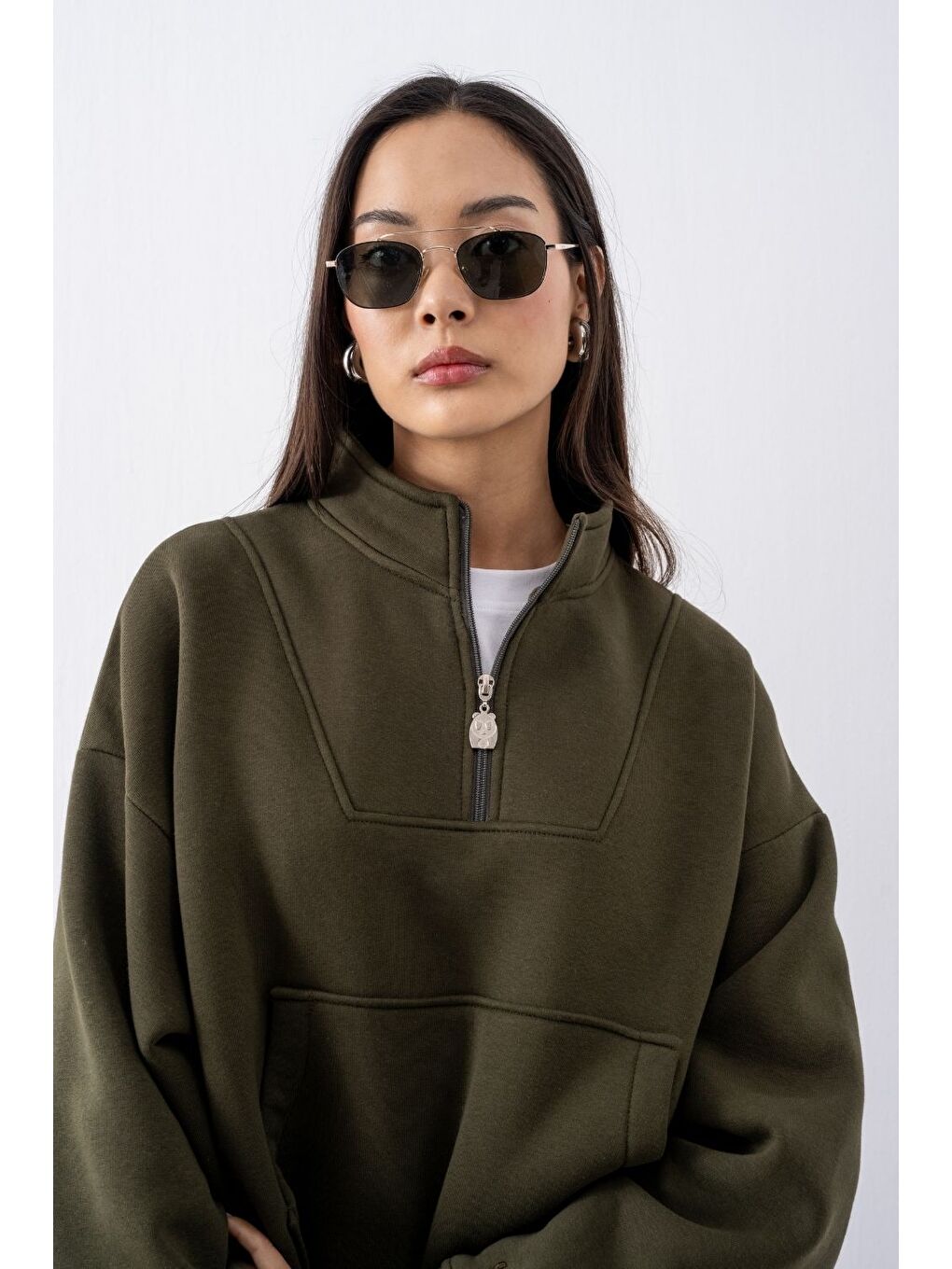 Kadın Haki Fermuarlı Oversize Sweatshirt