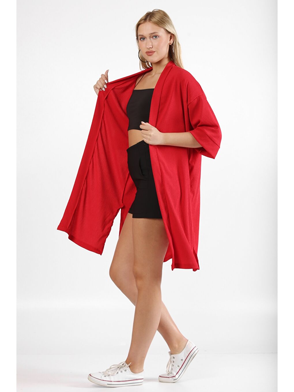 Kırmızı 3/4 Kol Dokulu Bürümcük Dokuma Ceket-6