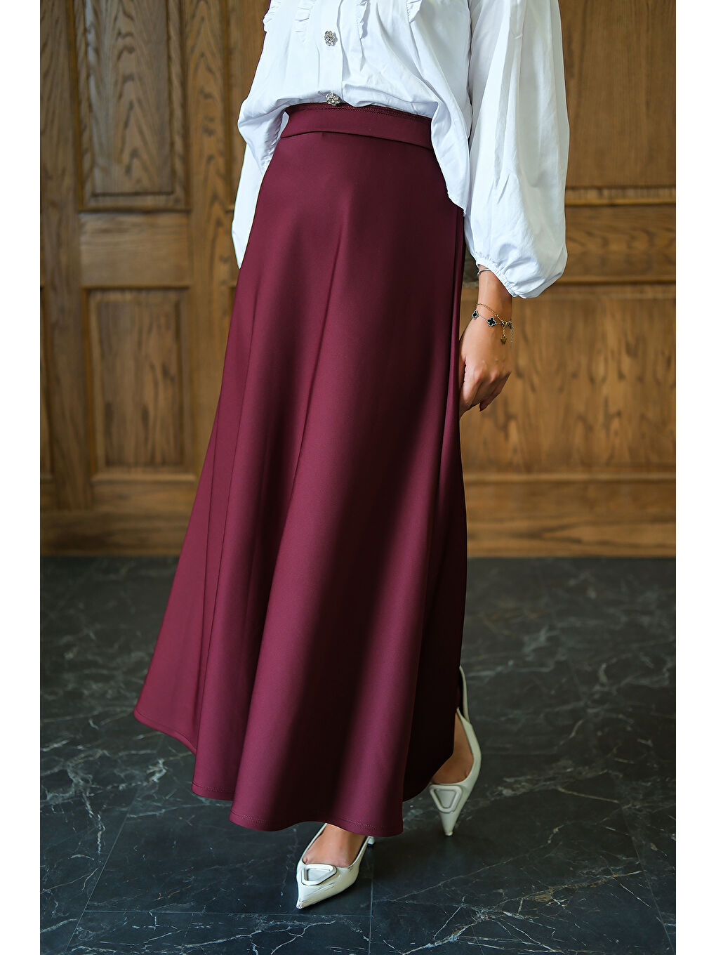 Kadın Beli Lastikli Scuba Etek Bordo-3