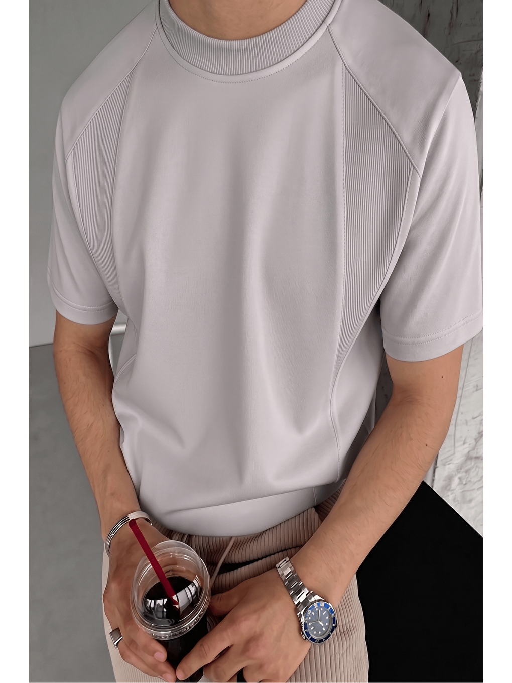 Gri Erkek Tişört Basic Bisiklet Yaka Tişört Rahat Kesim Dökümlü Günlük Spor Tshirt-2