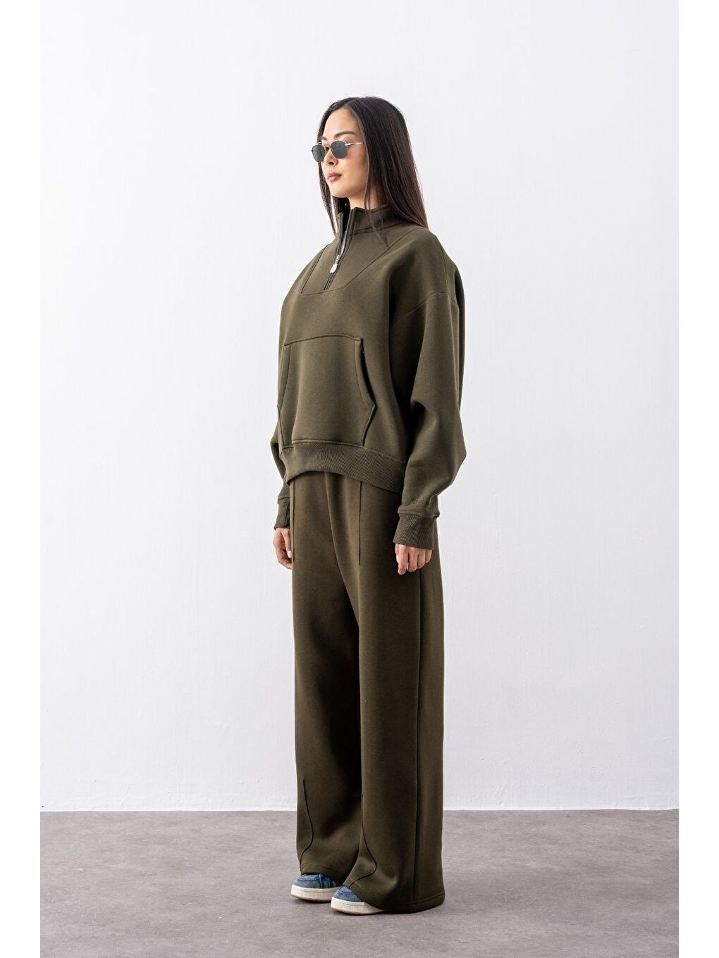 Kadın Haki Fermuarlı Oversize Sweatshirt-1