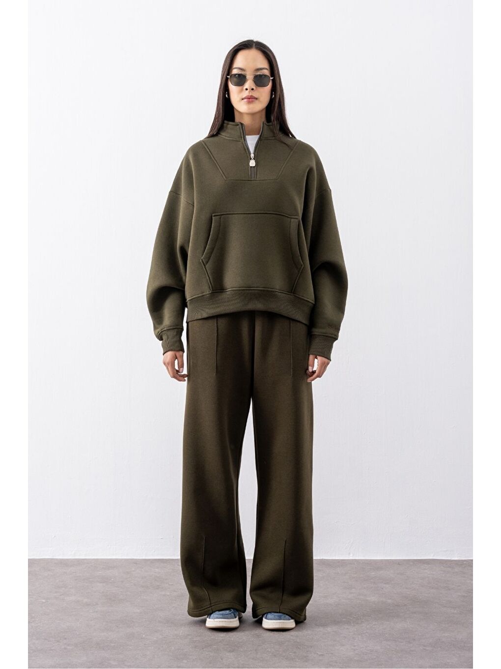 Kadın Haki Fermuarlı Oversize Sweatshirt-2